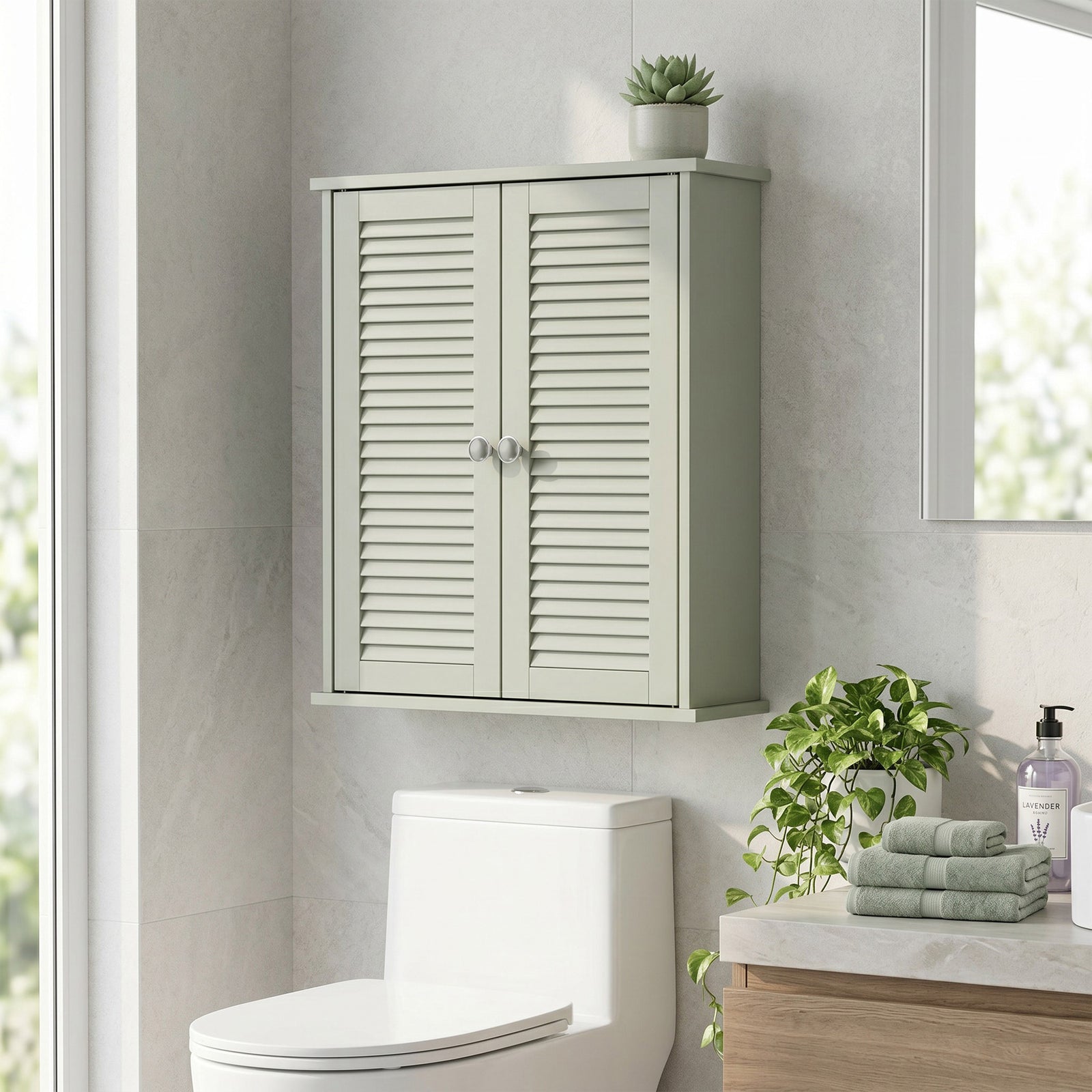 Bathroom Cabinet, Bathroom Wall Cabinet with Louvered Doors and Adjust