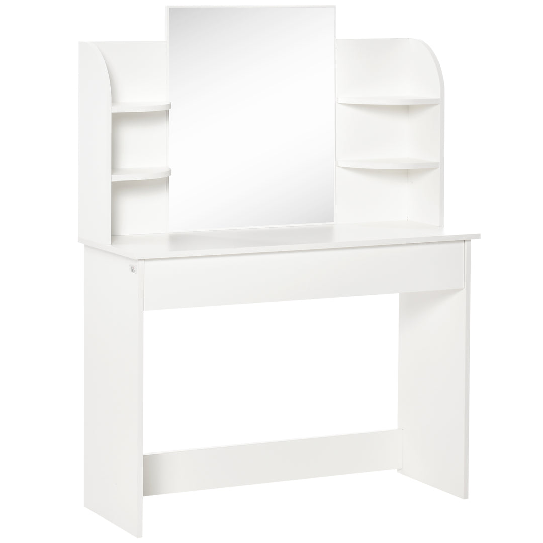 MCL Modern Dressing Table Writing Desk W/ Mirror, Big Drawers, 2-Tier Open Shelf For Home Bedroom White