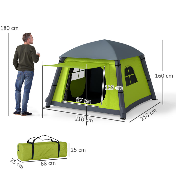 Inflatable Camping Tent w/ Hand Pump, Easy Setup 1/2 Person Blow Up Tent Waterproof 190T Taffeta w/ Mesh Windows, Doors and Carry Bag, Green
