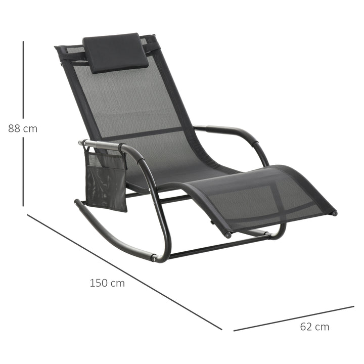 2PCs Outdoor Garden Rocking Chair, Patio Sun Lounger Rocker Chair with Breathable Mesh Fabric, Removable Headrest Pillow, Armrest, Side Storage Bag, Black