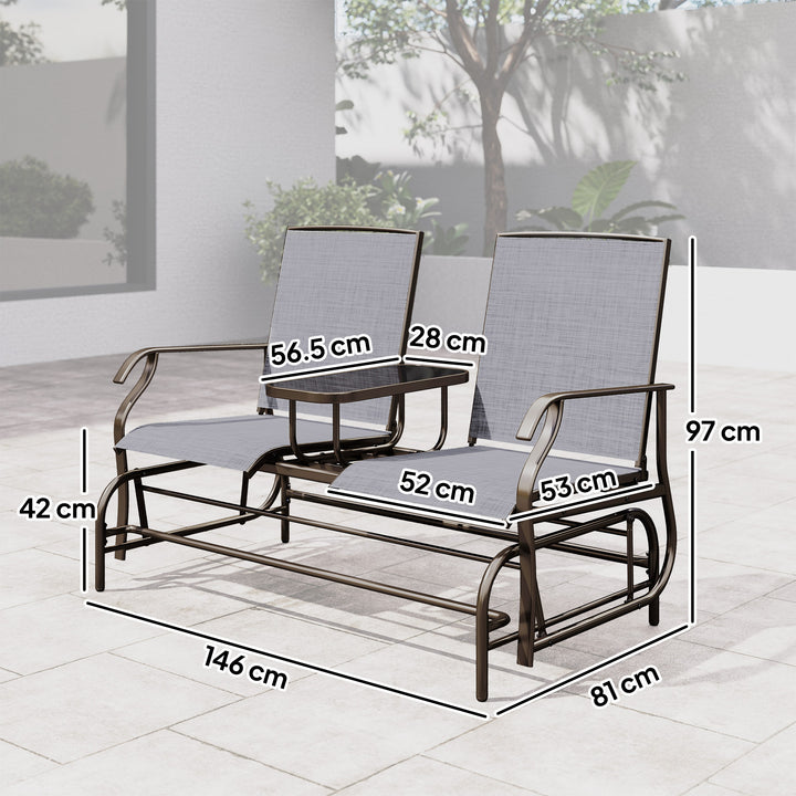 MCL 2 Seats Garden Glider Bench, Metal Frame Loveseat with Glass Top  Centre Table, Porch Rocking Glider for 2 Person, for Deck, Patio, Brown/ Grey