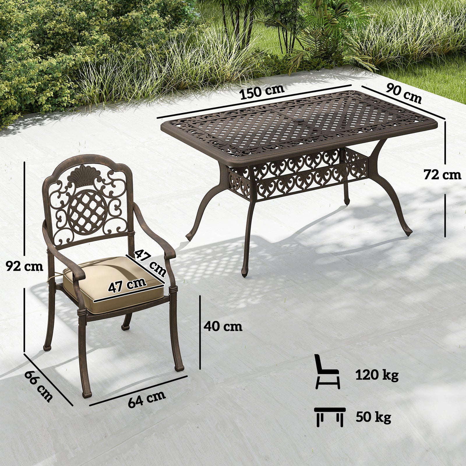 Garden Dining Set for 6, Cast Aluminium Outdoor Table and Chairs Set w