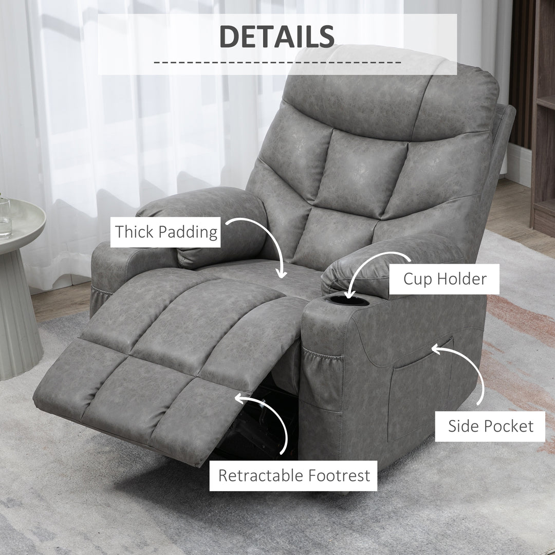 HOMCOM Manual Reclining Chair, Recliner Armchair with Faux Leather, Footrest, Cup Holders, 86x93x102cm, Grey | Aosom UK