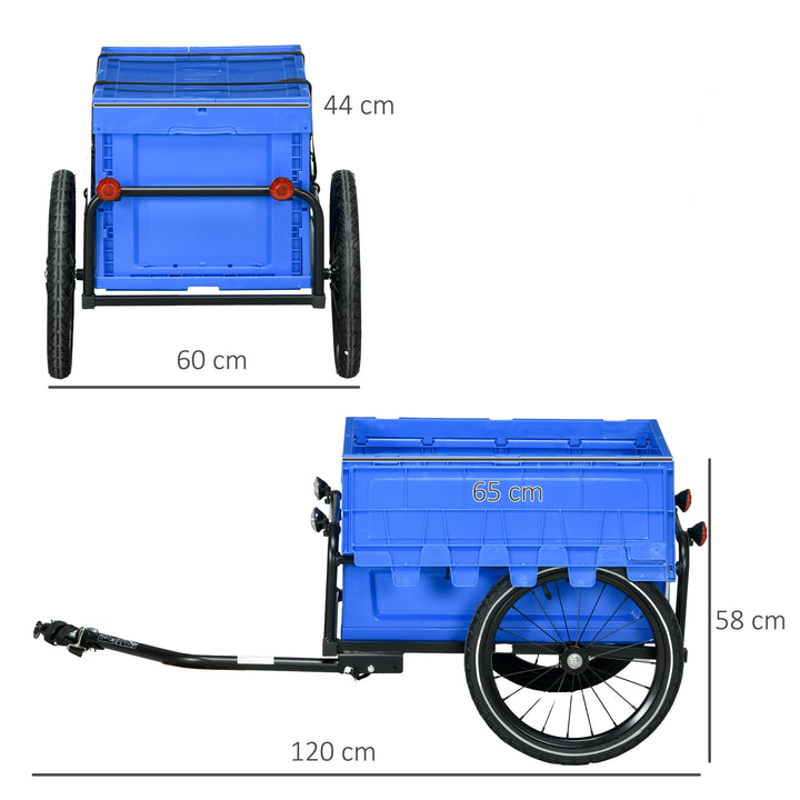 HOMCOM Steel Trailer for Bike, Bicycle Cargo Trailer with 65L Storage Box and Foldable Frame, Max Load 40KG, Blue