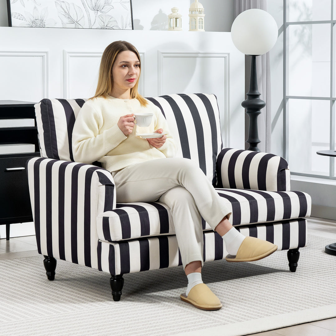 Modern Cuddle Chair, Velvet Single Sofa Armchair with Stripe, Turned Legs and Wide Seat, Upholstered Snuggle Chair for Living Room, Bedroom, Black and White