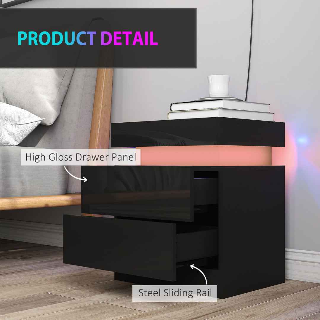 Black Bedside Table with LED Light, High Gloss Front Nightstand with 2