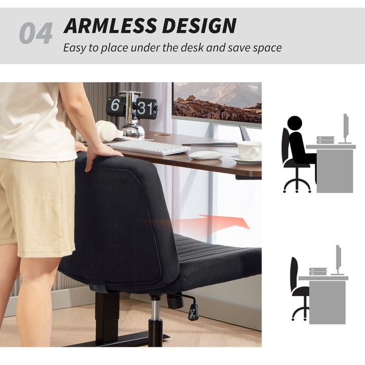 Armless Office Chair No Wheels, Linen Fabric Criss Cross Legged Desk Chair with Wide Seat, Thick Padding, Tilt Function, Height Adjustable Swivel Computer Seat for Home, Black