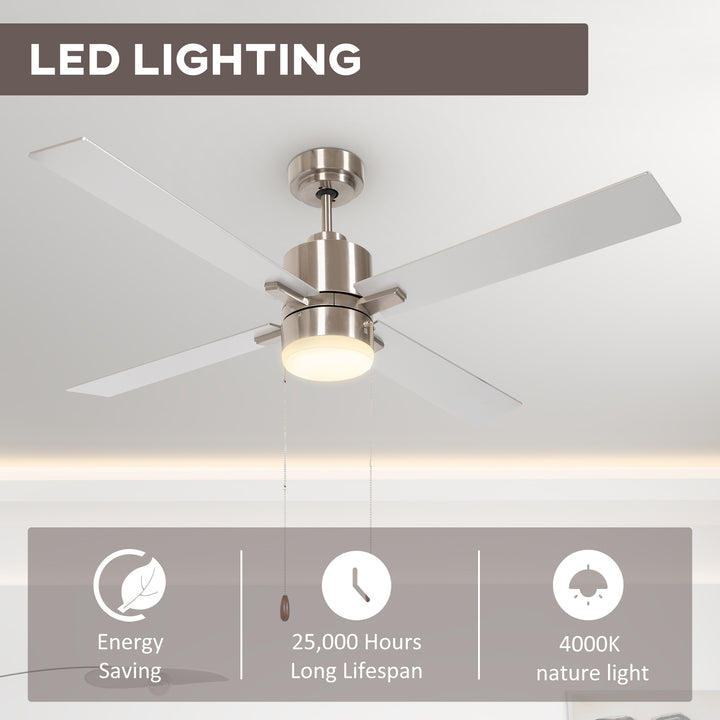 Ceiling Fan with LED Light, Flush Mount Ceiling Fan Lights with Reversible Blades, Pull-chain, Silver and Natural Tone