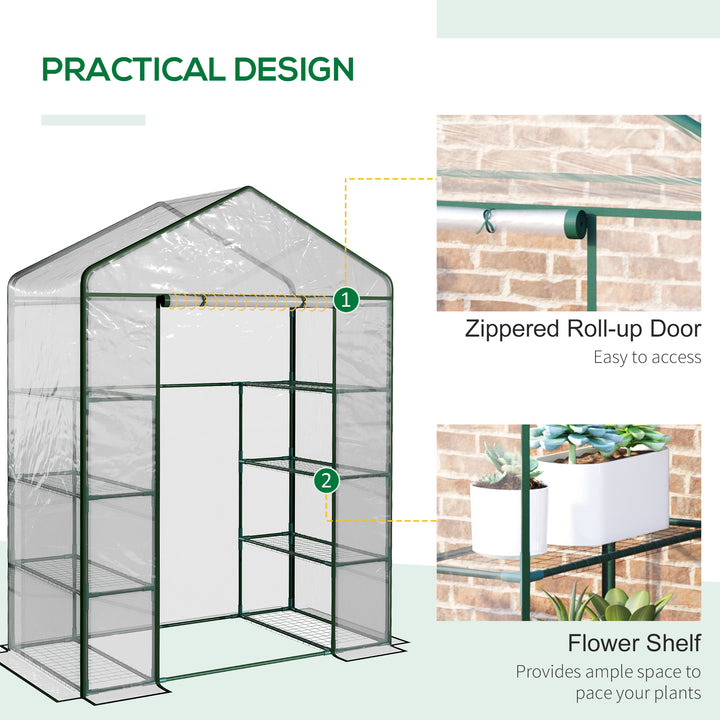 Walk in Greenhouse with 4-Tier 8 Shelves, Green House with Hemmed Cover, Roll-up Zipped Door, Steel Frame, 143 x 73 x 195cm