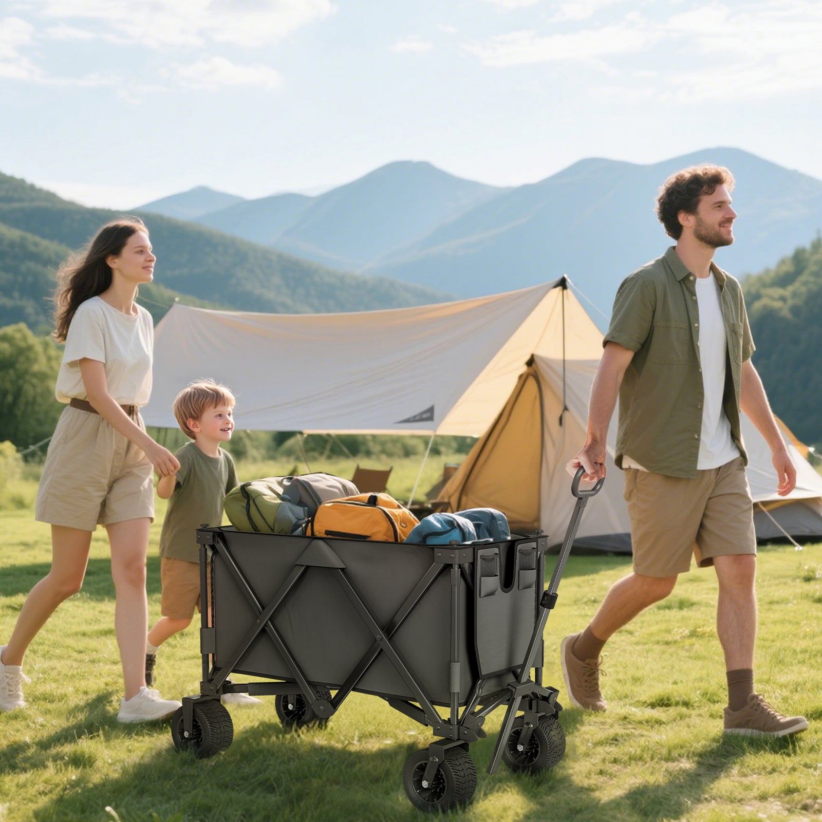Folding Garden Trolley, Cargo Traile on Wheels, Collapsible Camping Trolley, Outdoor Utility Wagon, Dark Grey