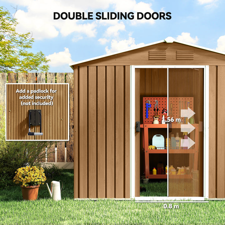 8 x 6ft Galvanised Steel Shed, with Double Door - Brown