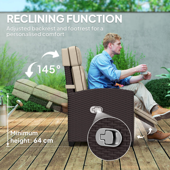 145° Reclining Rattan Armchair, with Footrest - Brown/Khaki