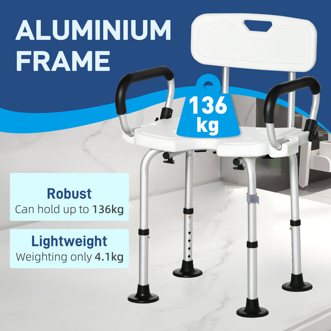MCL Shower Chair for the Elderly and Disabled, Height Adjustable Shower Stool with Back and Flipped Padded Arms, Suction Foot Pads, White