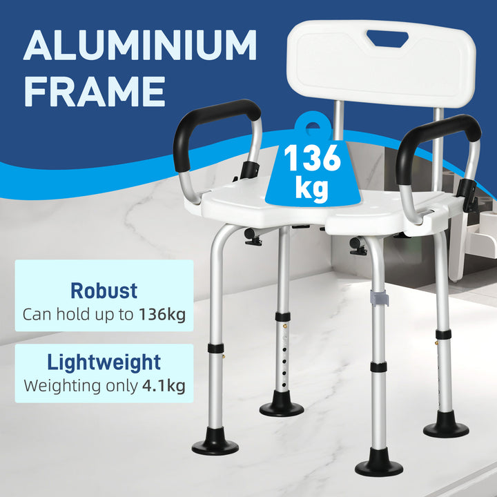 MCL Shower Chair for the Elderly and Disabled, Height Adjustable Shower Stool with Back and Flipped Padded Arms, Suction Foot Pads, White