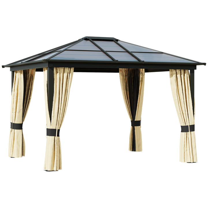 3 x 3.6m Polycarbonate Hardtop Gazebo with LED Solar Light and Aluminium Frame, Garden Pavilion with Mosquito Netting and Curtains