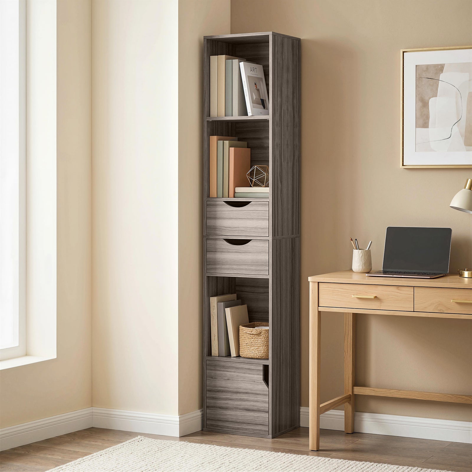 Bookcase with Drawers Adjustable Shelf Bookshelf with 2 Drawers and Ca