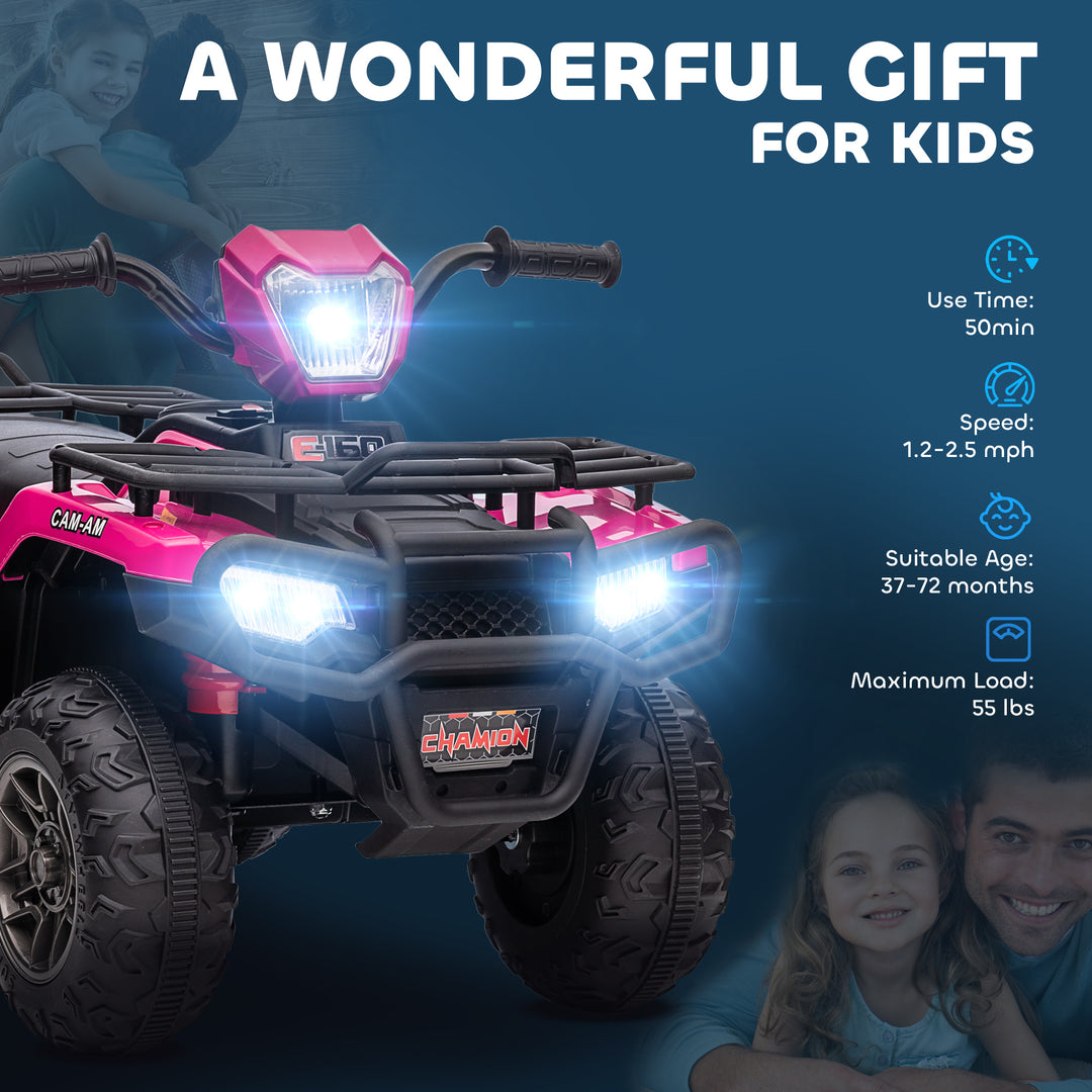12V Kids Quad Bike with Forward, Reverse Functions, Ride-On ATV w/ Music, LED, Headlights, for Ages 3-5 Years - Pink