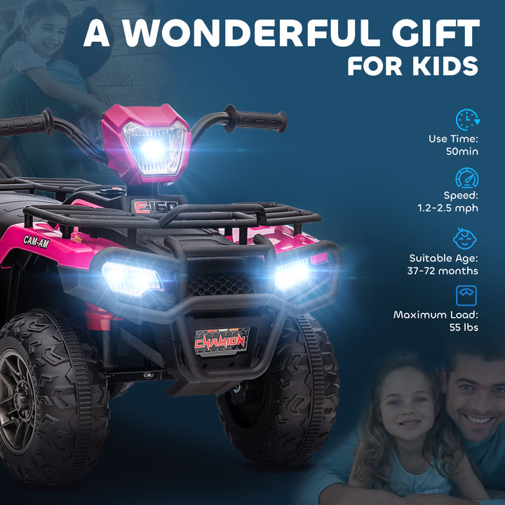 12V Kids Quad Bike with Forward, Reverse Functions, Ride-On ATV w/ Music, LED, Headlights, for Ages 3-5 Years - Pink