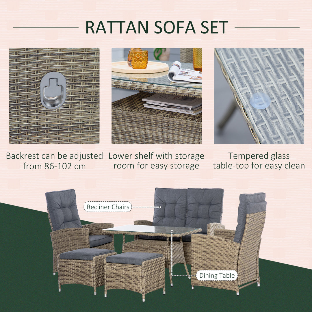 Outsunny 6 Pieces PE Rattan Dining Set, Patio Wicker Conversation Furniture, Tempered Glass Table