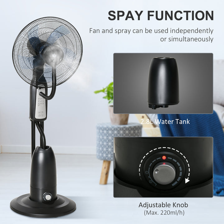 HOMCOM Pedestal Fan with Water Mist Spray, Humidifying Misting Fan, Standing Fan with 3 Speeds, 2.8L Water Tank, Timer and Remote, Black