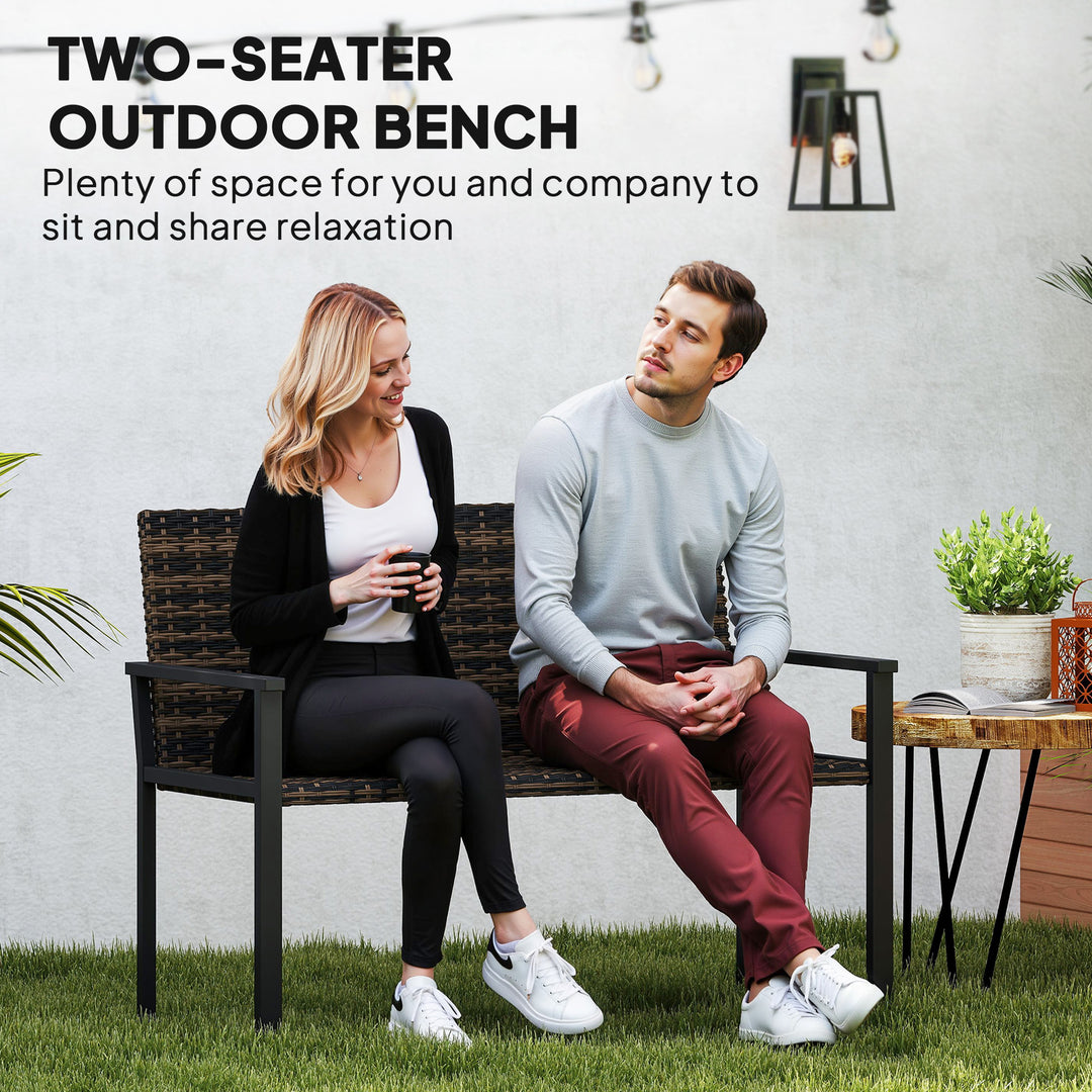 2 Seater Rattan Garden Bench, Outdoor Bench with Quick-Drying Cotton Padding, Wicker Garden Loveseat with Armrests, Steel Frame for Patio, Park, Mixed Brown