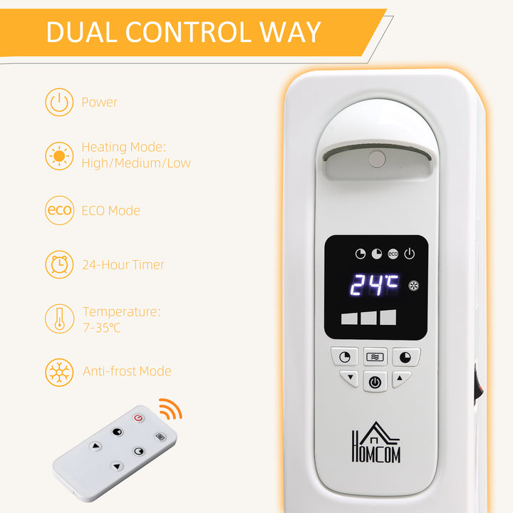 2500W Digital Display Oil Filled Radiator, 11 Fin Portable Electric Heater with Timer, Adjustable Thermostat, Three Heat Settings, Safety Cut Off, Remote, White