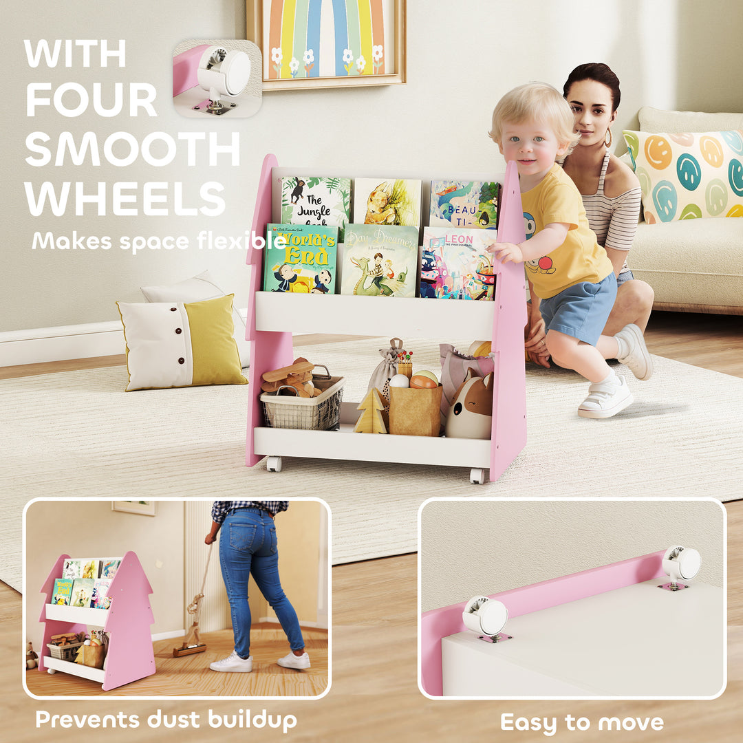 Kids Bookshelf with Toy Storage, Double-Sided Bookcase with Wheels, 3 Tier Kids Book Rack for Bedroom