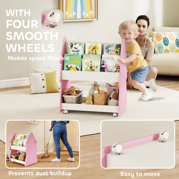Kids Bookshelf with Toy Storage, Double-Sided Bookcase with Wheels, 3 Tier Kids Book Rack for Bedroom