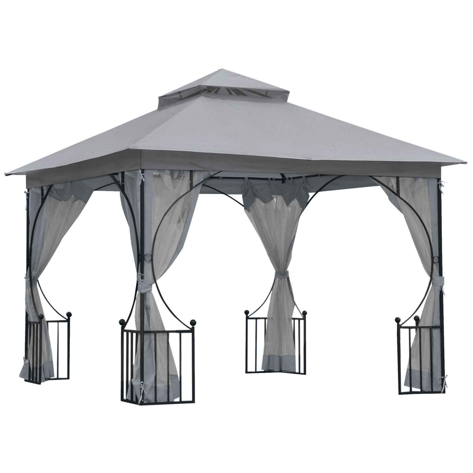 3 x 3(m) Garden Gazebo Patio Party Tent Shelter Outdoor Canopy Double Tier Sun Shade Metal Frame Netting, Light Grey