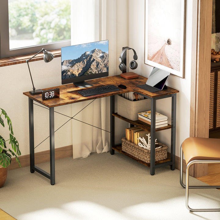HOMCOM L Shaped Desk, Corner Computer Desk with Bookshelf for Home Office, Study Room, Workstation, 120 x 73.2 x 75cm, Rustic Brown