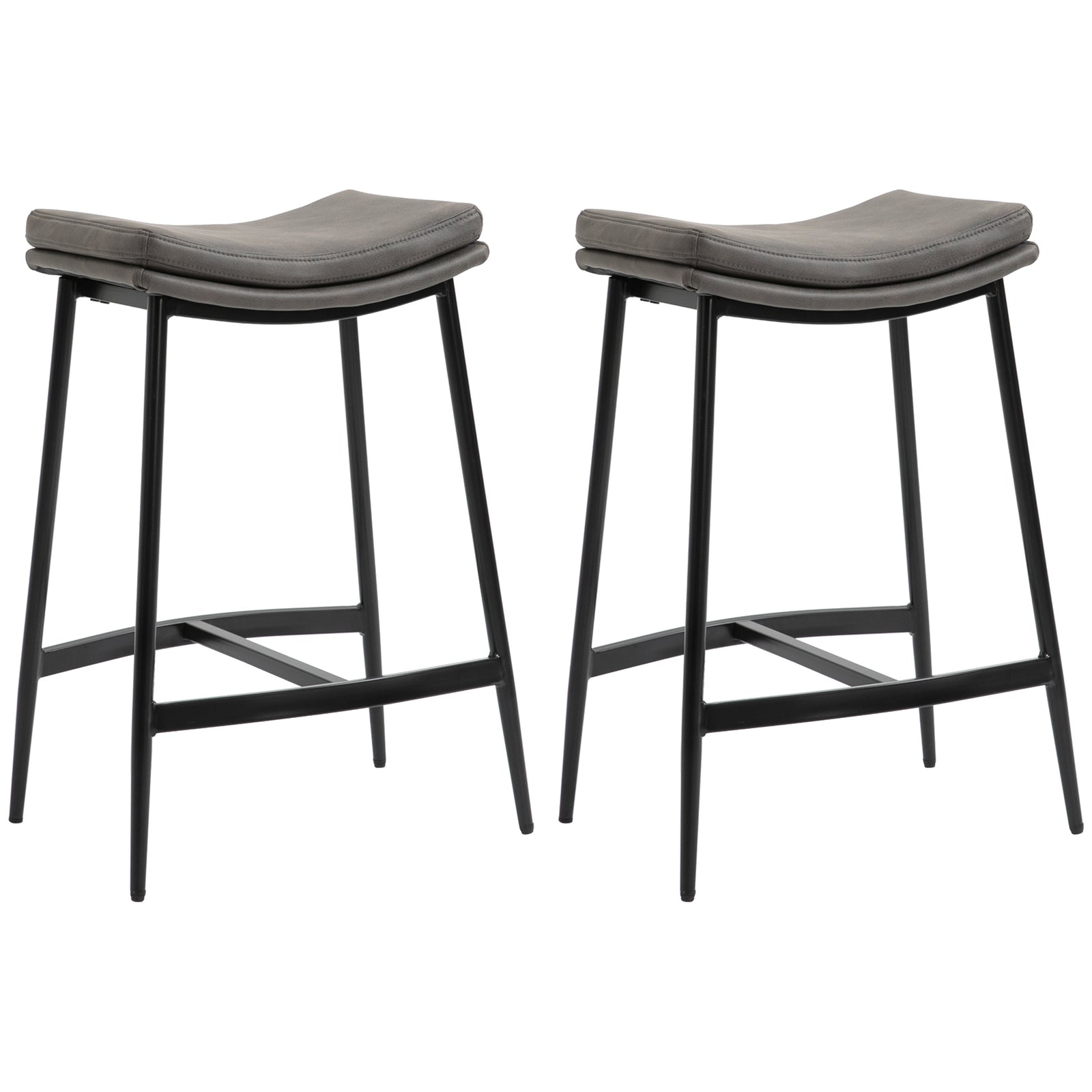 Breakfast Bar Stools Set of 2, Microfibre Upholstered Barstools, Industrial Bar Chairs with Curved Seat and Steel Frame for Dining Room, Kitchen, Grey