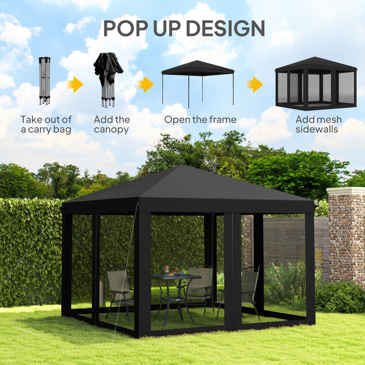 3 x 3 m Pop Up Gazebo, 420D Garden Tent Canopy with Removable Mesh Sidewall Netting, Carry Bag for Garden Patio Outdoor, Black