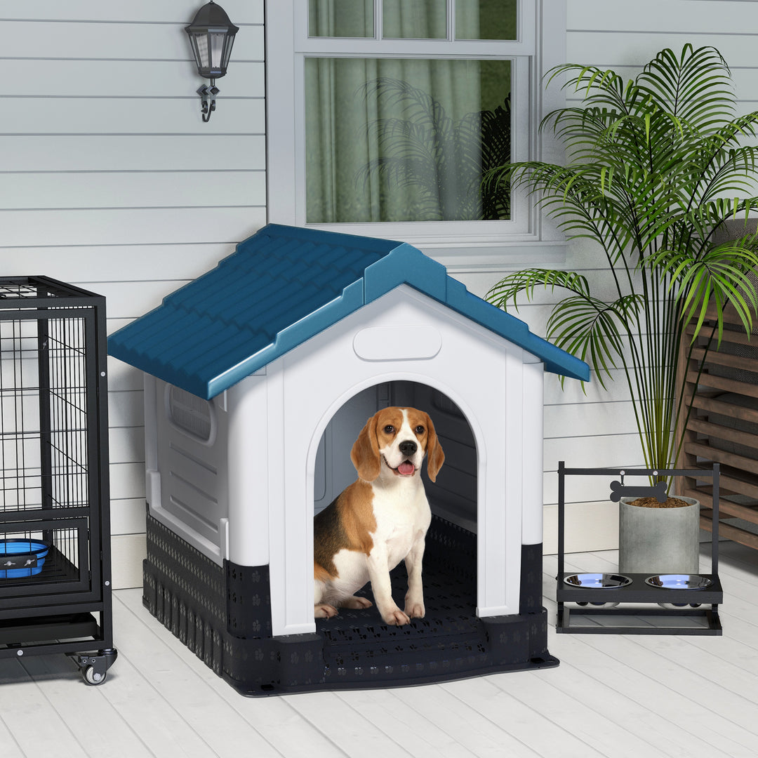 PawHut Plastic Dog Kennel with Windows, for Garden Patio, Medium and Large Dogs, 101 x 88 x 99cm - Blue | Aosom UK