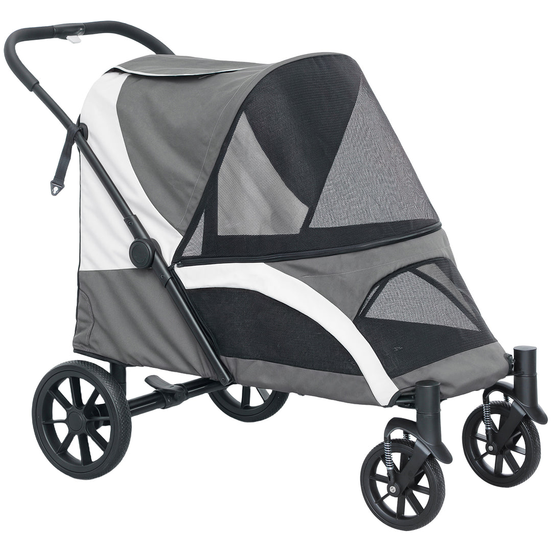 Foldable Pet Stroller for Large Dogs with 4 Big Wheels, Shock-Absorbing Frame, Safety Leashes, Brakes, Dark Grey