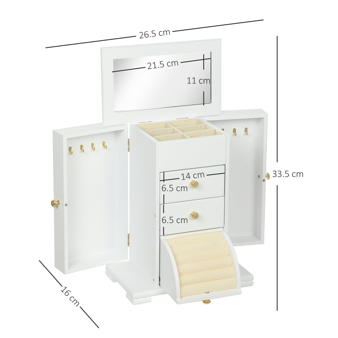 4-Tier Jewellery Box with Mirror and 2 Drawers - White
