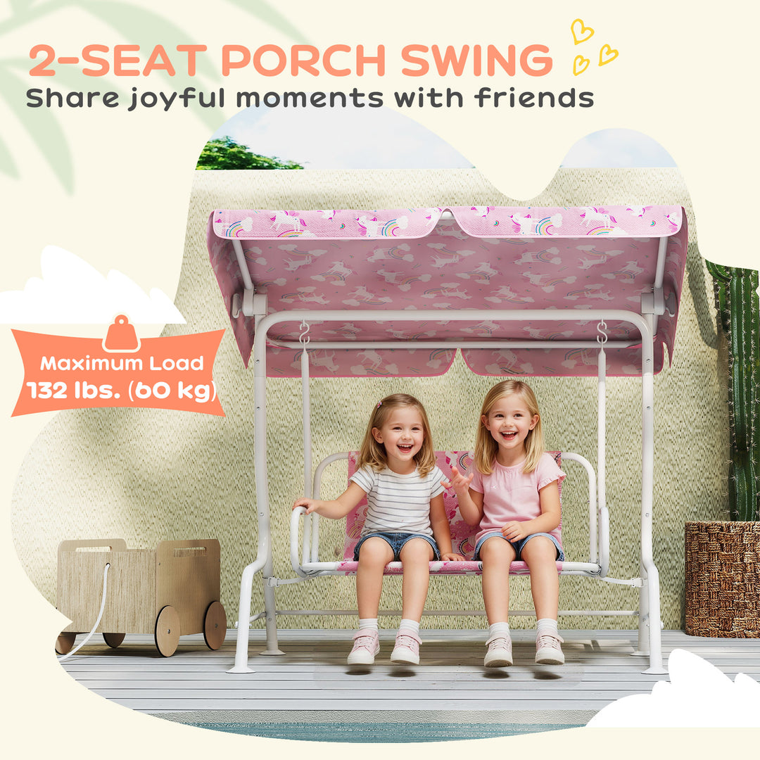 Kids Porch Swing, 2-Seater Patio Swing Bench Hammock with Seat Belts, Adjustable Canopy for Garden - Pink