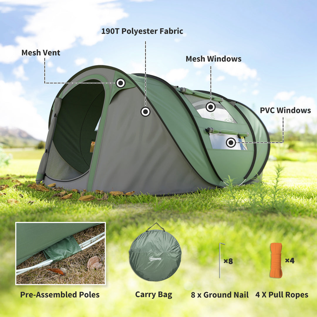 4 Person Pop-up Camping Tent Family Tent with Ground Sheet, 4 Windows and Portable Carry Bag for Beach Outdoor Trip, Dark Green