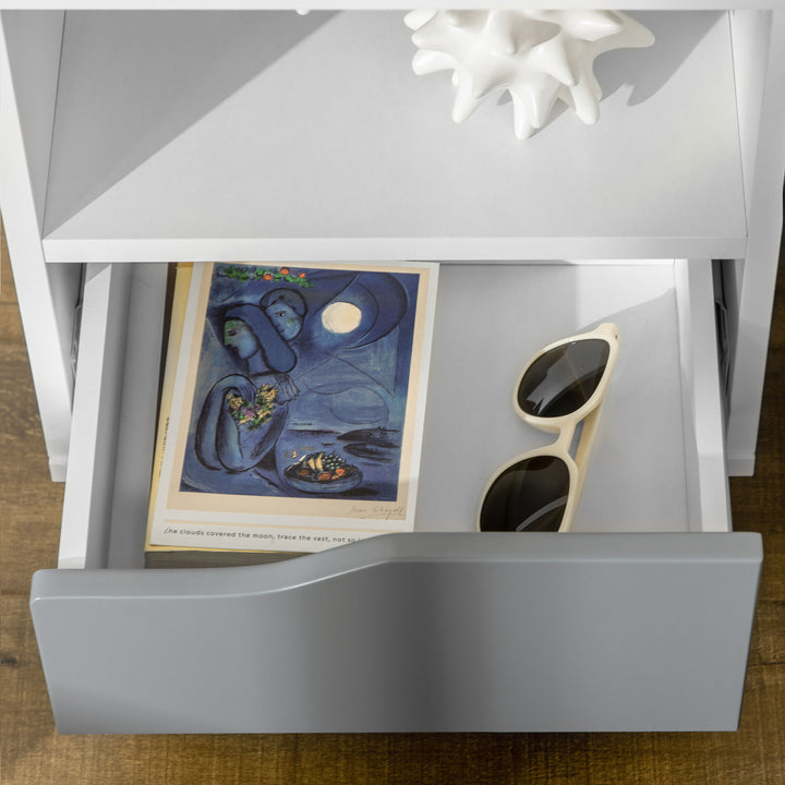 Set of 2 Modern Bedside Tables with Shelves, Drawers and Wood Legs, 36.8cm x 33cm x 43.8cm, White and Grey
