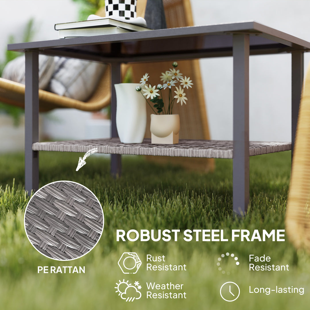 Outdoor Rattan Coffee Table with Tempered Glass Top, Storage Shelf, Foot Pads, for Patio, Balcony, Mixed-grey