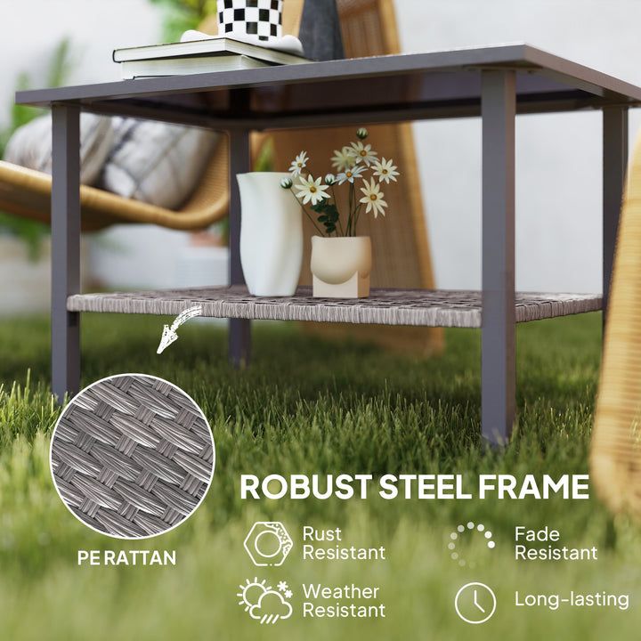 Outdoor Rattan Coffee Table with Tempered Glass Top, Storage Shelf, Foot Pads, for Patio, Balcony, Mixed-grey