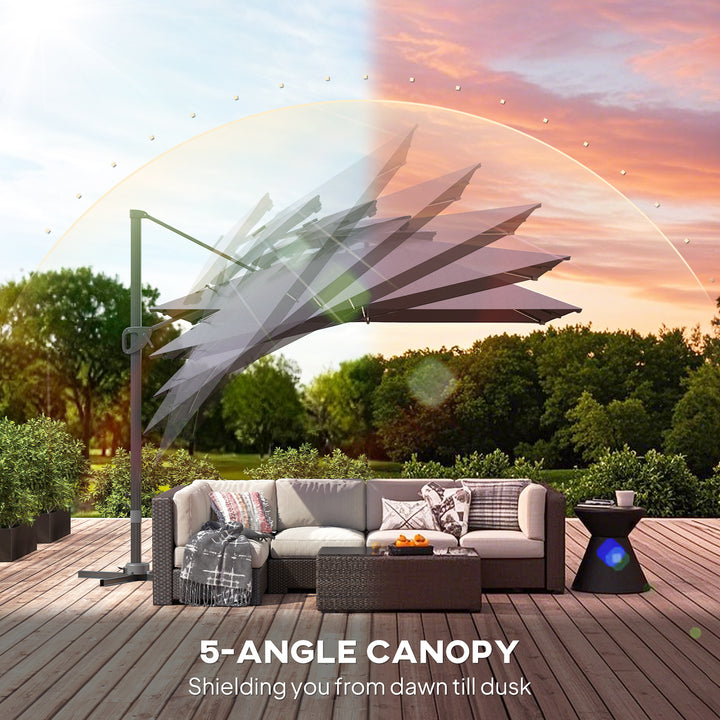3.5x3 m Garden Cantilever Parasol with Solar LED Lights and Centre Light, Aluminium Large Square Patio Umbrella, UPF50+ Hanging Sun Shade with Cross Base, Crank Handle and Tilt, Grey