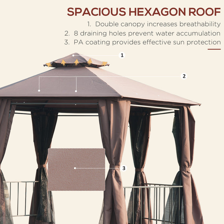 MCL 3 x 3(m) Hexagon Gazebo Patio Canopy Party Tent Outdoor Garden Shelter w/ 2 Tier Roof & Side Panel - Brown