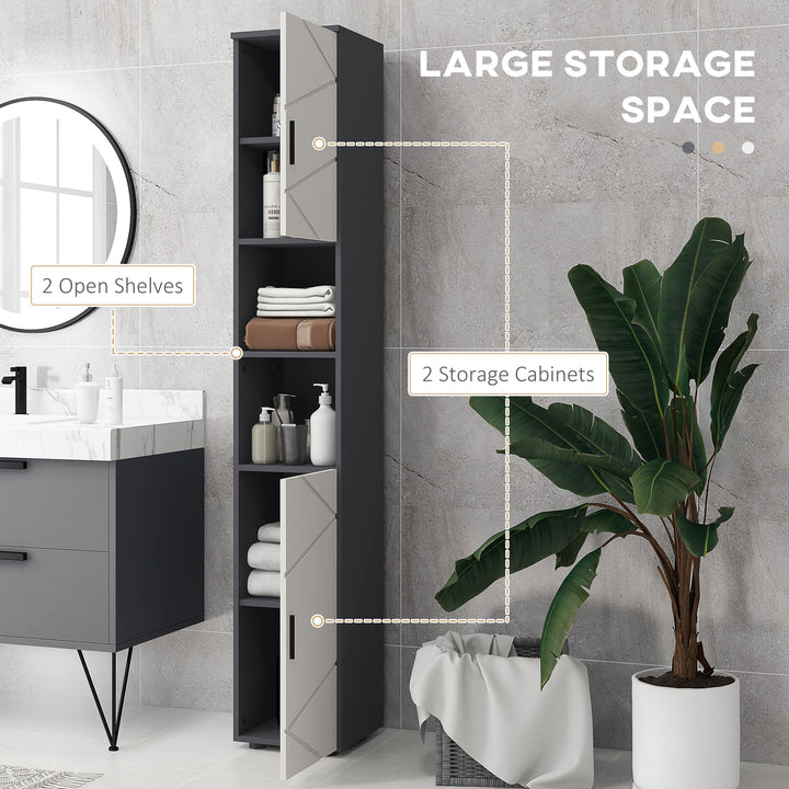 kleankin Tall Bathroom Cabinet: Narrow Storage with Open Shelves, 2 Door Cabinets, Adjustable Shelving, Grey | Aosom UK