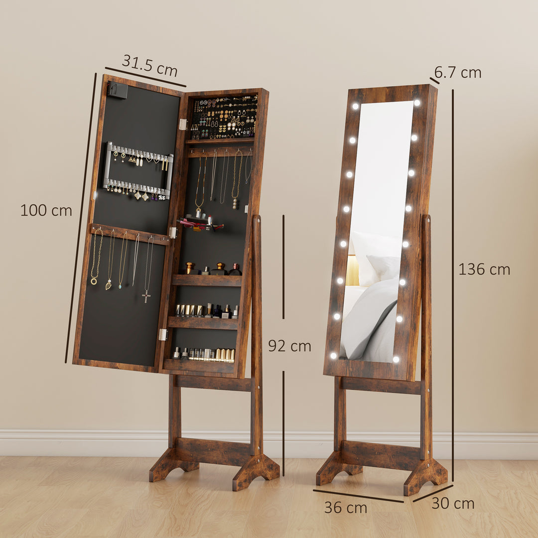 Freestanding Mirror Jewelry Cabinet with LED Lights, Jewellery Organiser with 3 Angle Adjustable, Full-Length Mirror with Storage for Earrings, Necklaces, Rings and Lipsticks, Rustic Brown
