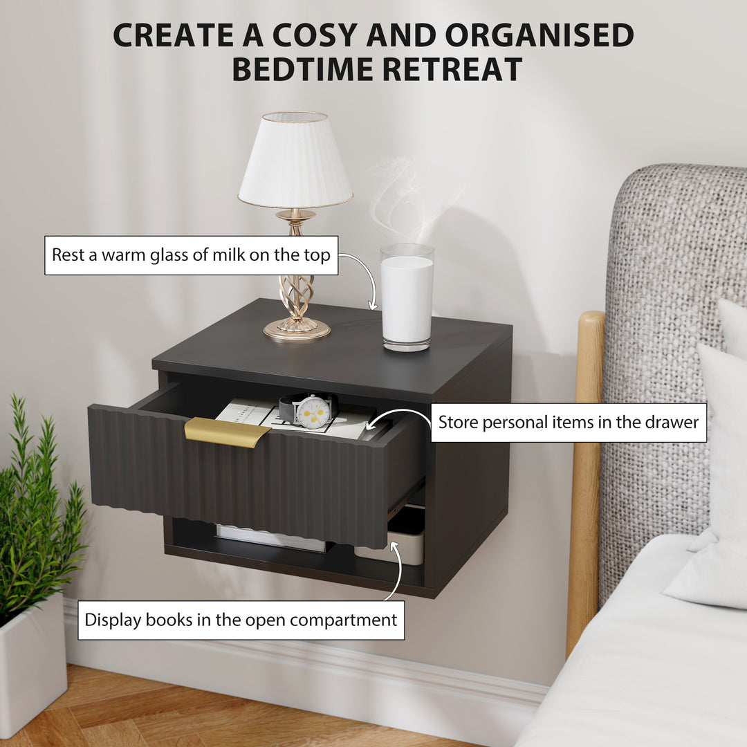 Floating Nightstands Set of 2, Modern Wall Mounted Bedside Tables, Bla