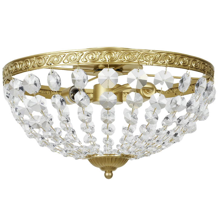 MCL Crystal Chandelier Ceiling Light with 168 Octagonal Beads, Vintage 2-Light Flush Mount Ceiling Light for Living Room, Bedroom, Hallway, Dining Room, Gold Tone