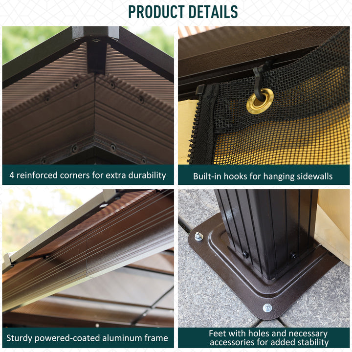 MCL 3 x 3.6m Polycarbonate Hardtop Gazebo with LED Solar Light and Aluminium Frame, Garden Pavilion with Mosquito Netting and Curtains