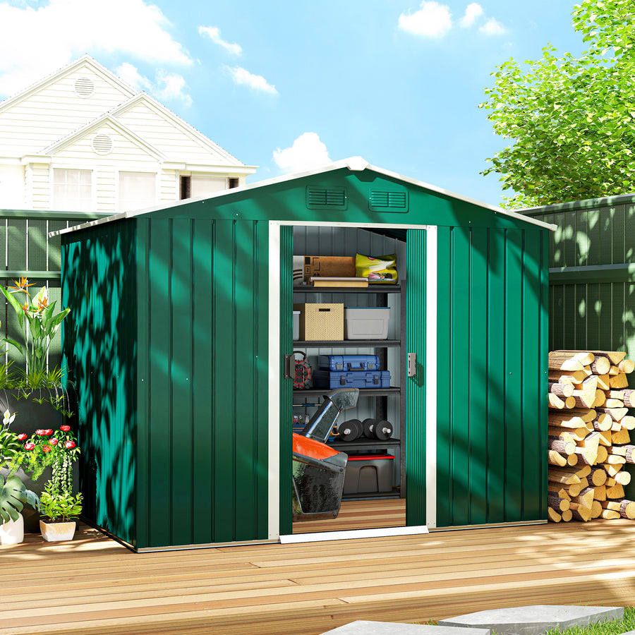 7.7 x 5.7ft Metal Garden Shed with Ventilation Slots and Sliding Doors, Galvanised Outdoor Tool Storage House, Green