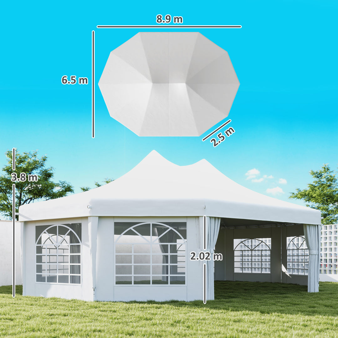 Outsunny 10 Sides Decagonal Garden Gazebo Marquee Party Tent Wedding Canopy Outdoor Heavy Duty Metal Frame (8.9m x 6.5m) - White
