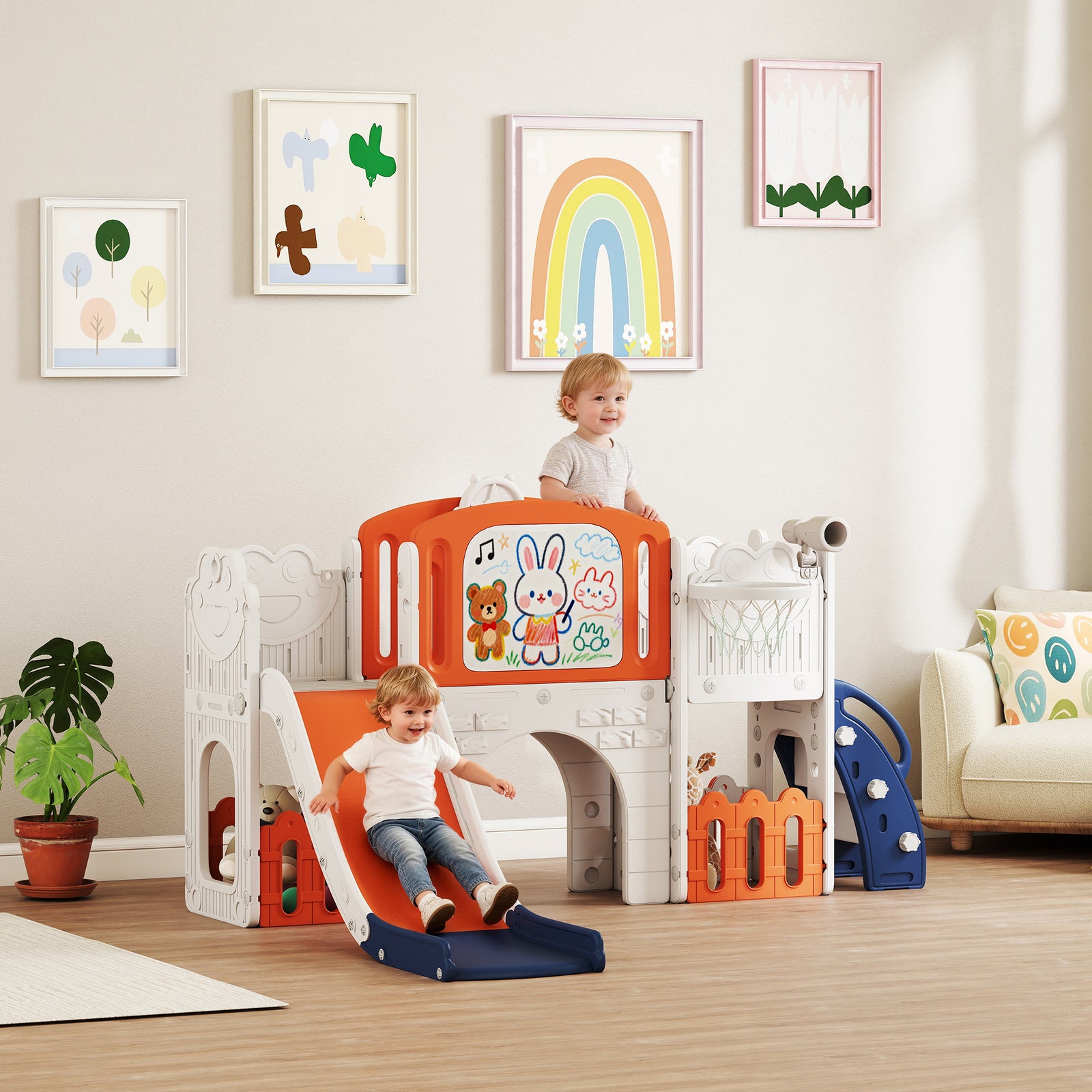 7 in 1 Toddler Slide Set with Basketball Hoop, Climbing Frame, Telesco